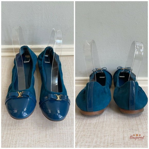 Authentic Louis Vuitton Blue Green Suede Patent Elba Elastic Ballerina Flats 7 - Picture 3 of 13